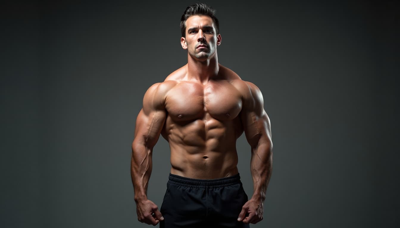 A muscular man standing confidently in a well-lit studio