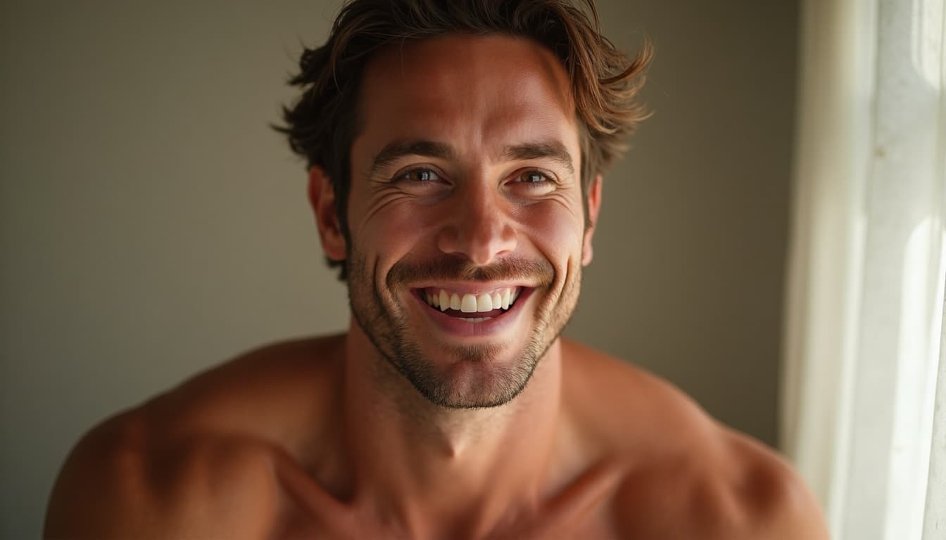 A man with a serene expression, embodying profound contentment.